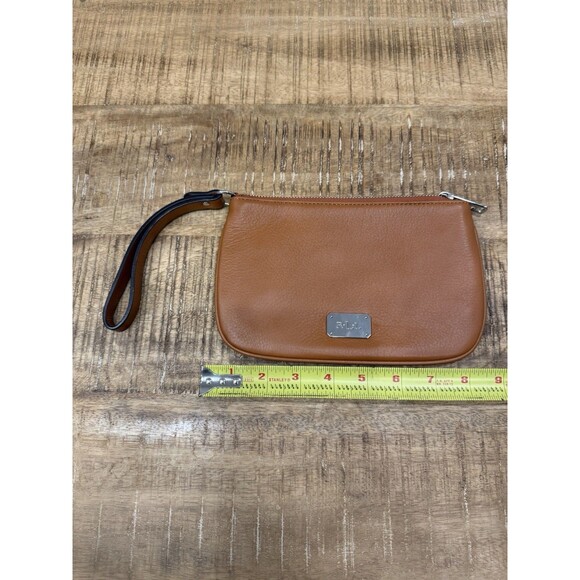 LAUREN Ralph Lauren Cognac Brown Leather Pouch Makeup Bag Travel Wristlet Clutch - Picture 1 of 10